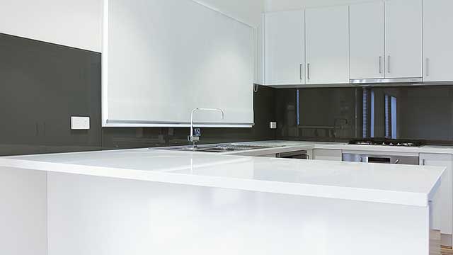 KOLOR™ - Grey Colour Kitchen Glass Splashbacks - White Stone Bench Top - Ocean Grove - Supplied & Installed by - geelongsplashbacks.com.au